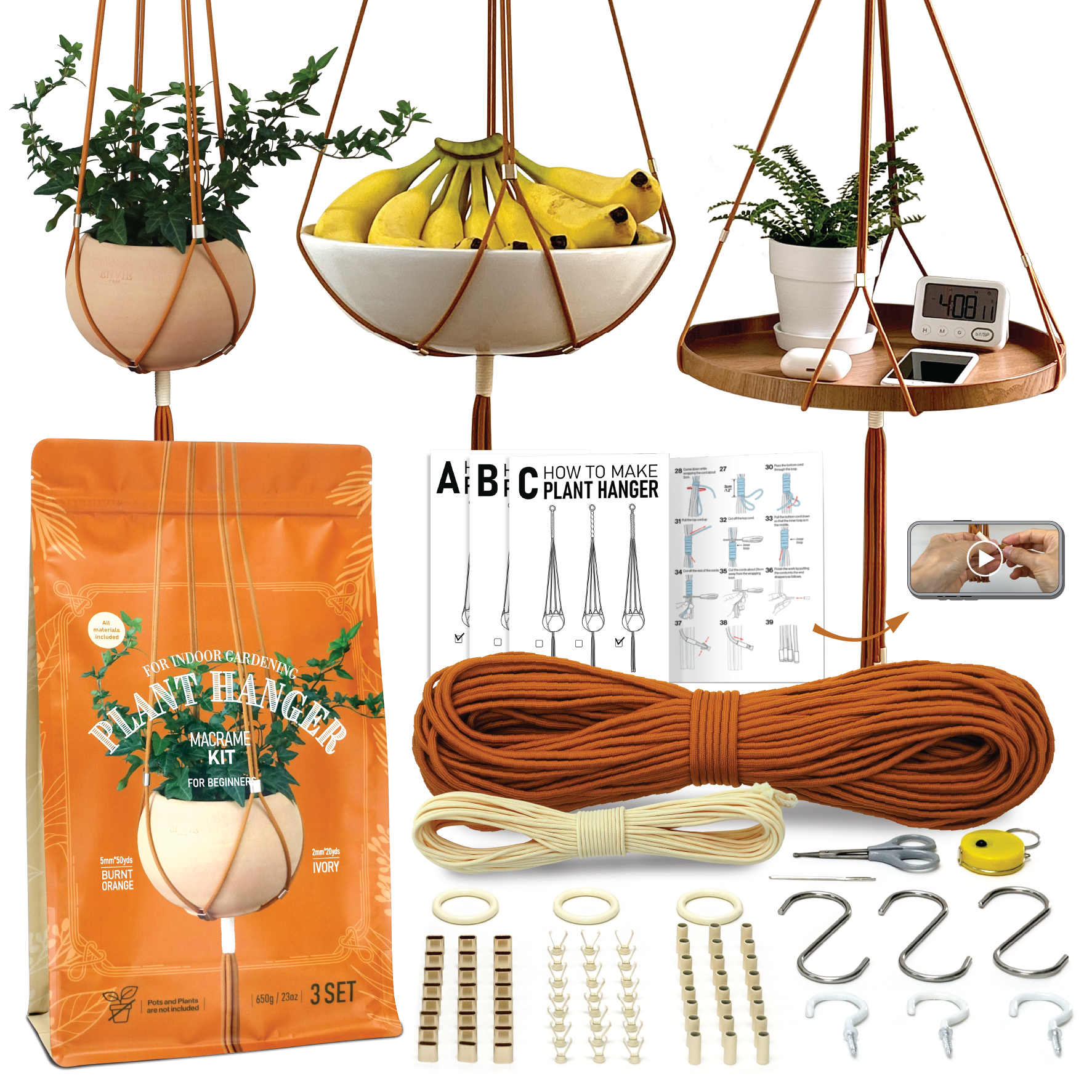 Macrame Kit/Macrame Plant Hanger Kit/Macrame Patterns - Double Round Mesh Plant store Hanger