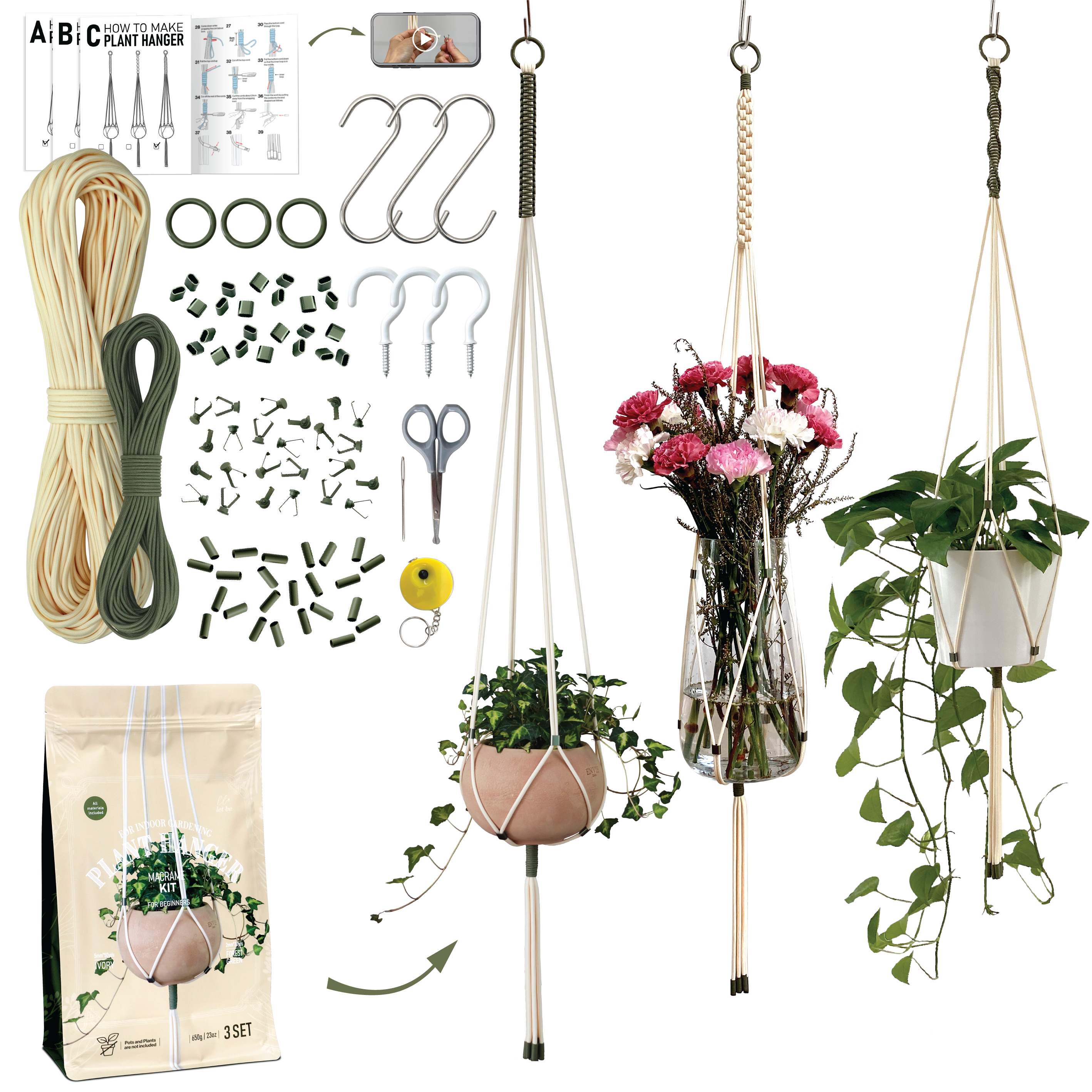 macrame plant hanger white LET BE Macrame Kits for Beginners 3 Set of Plant Hangers DIY Kit(Ivory – LETBE SHOP