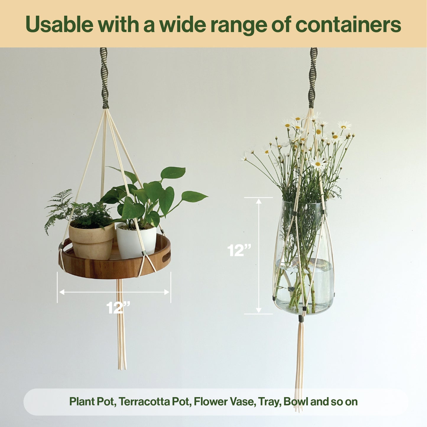 LET BE Macrame Plant Hanger set of 1 with Screw Hook(Ivory*Forest Green)