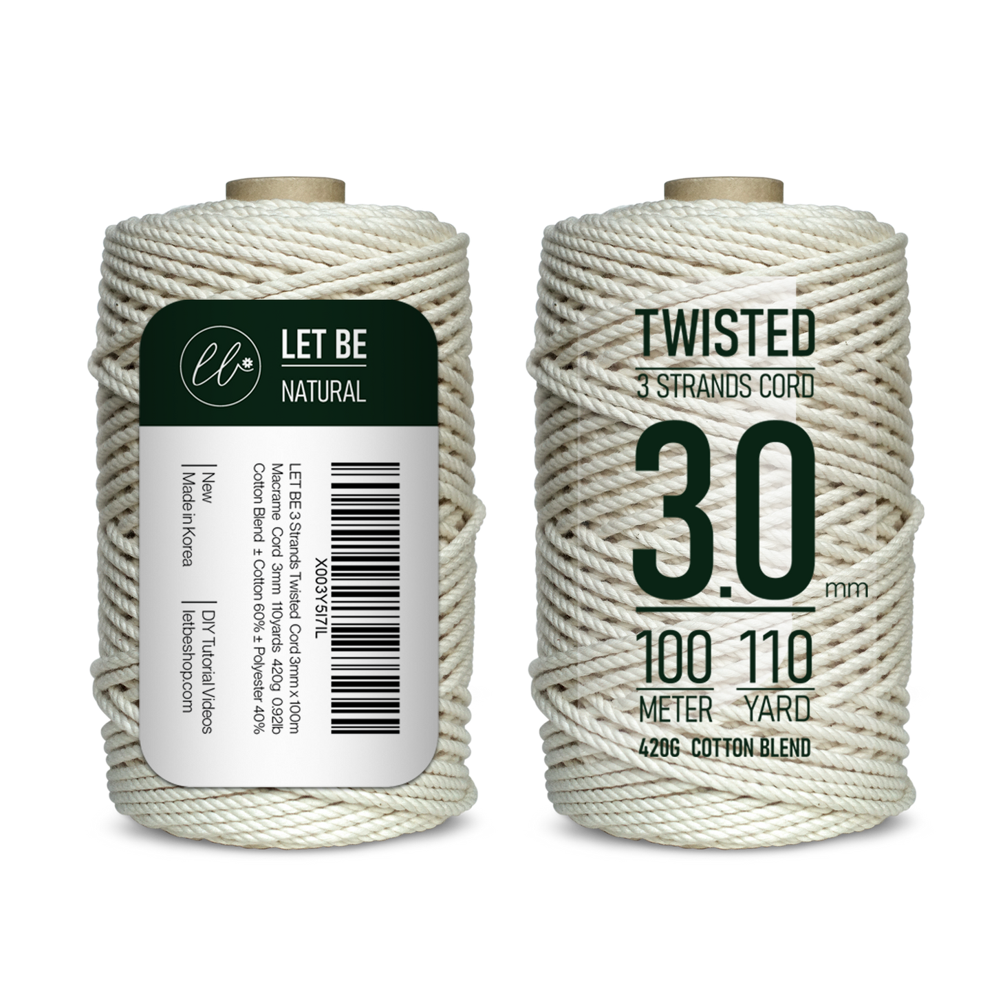 3mmX100m Macrame Cord with the Label 2 images front and back