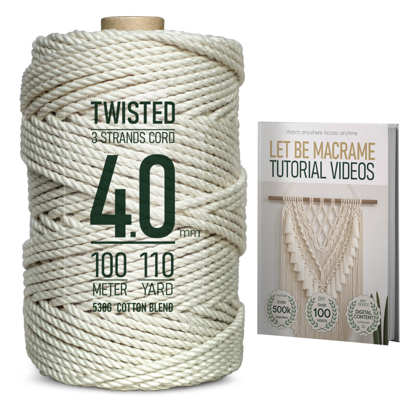 LET BE Macrame Cord 4mm x 110Yards – 3 Strands Twisted Cord