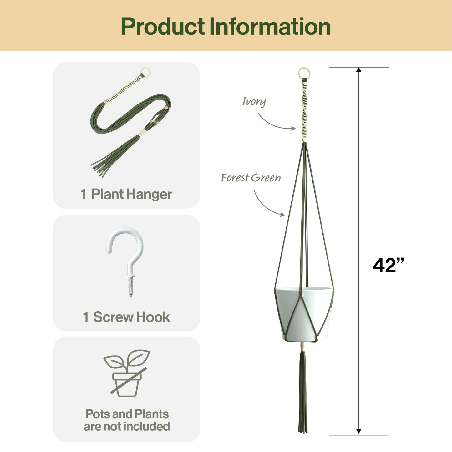 LET BE Macrame Plant Hanger set of 1 with Screw Hook(Forest Green* Ivory)