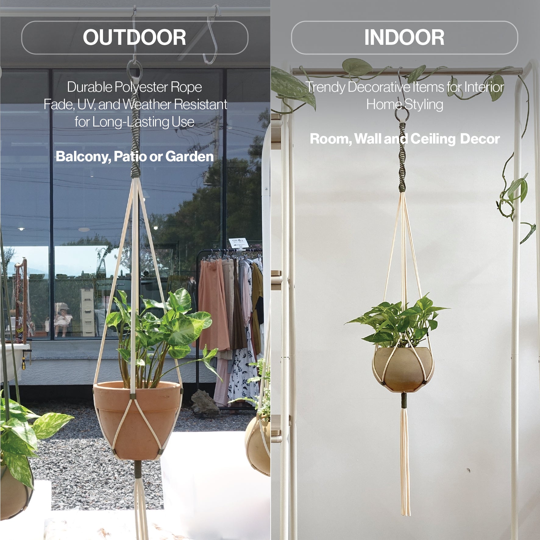 screwless plant hanger LET BE Macrame Plant Hanger set of 1 with Screw Hook(Ivory*Forest Green)