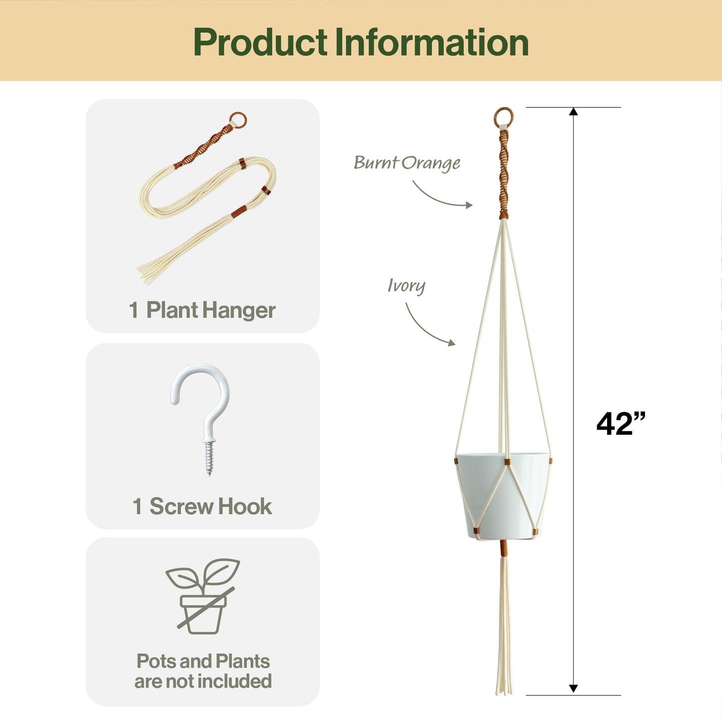 LET BE Macrame Plant Hanger set of 1 with Screw Hook(Ivory*Burnt Orange)