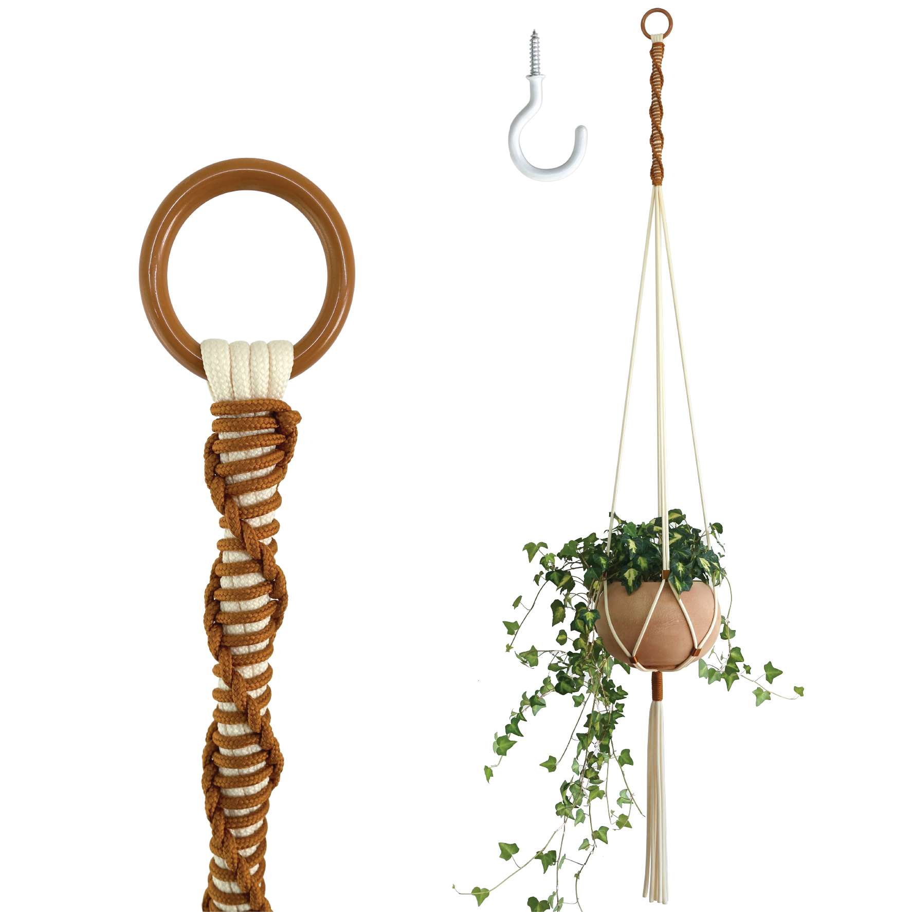 screwless plant hanger LET BE Macrame Plant Hanger set of 1 with Screw Hook(Ivory*Burnt Orang – LETBE SHOP