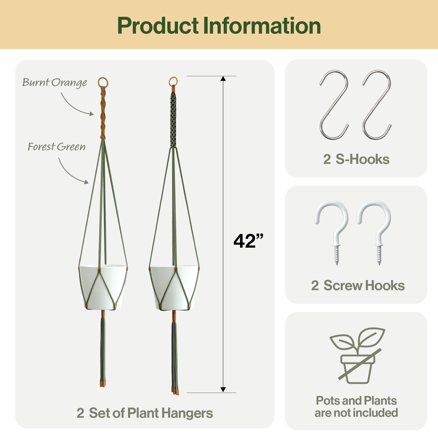 LET BE 2 Packs Macrame Plant Hanger Set of 2 with 4 Hooks (Forest Green & Burnt Orange)