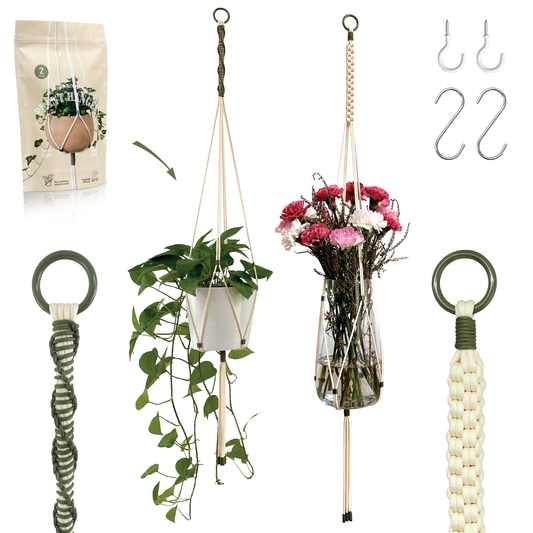 LET BE 2 Packs Macrame Plant Hanger Set of 2 with 4 Hooks (Ivory & Forest Green)