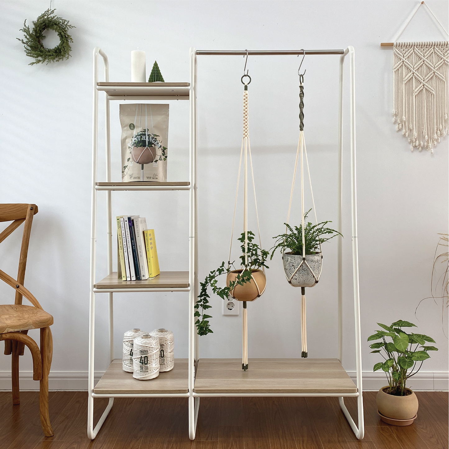 LET BE 2 Packs Macrame Plant Hanger Set of 2 with 4 Hooks (Ivory & Forest Green)