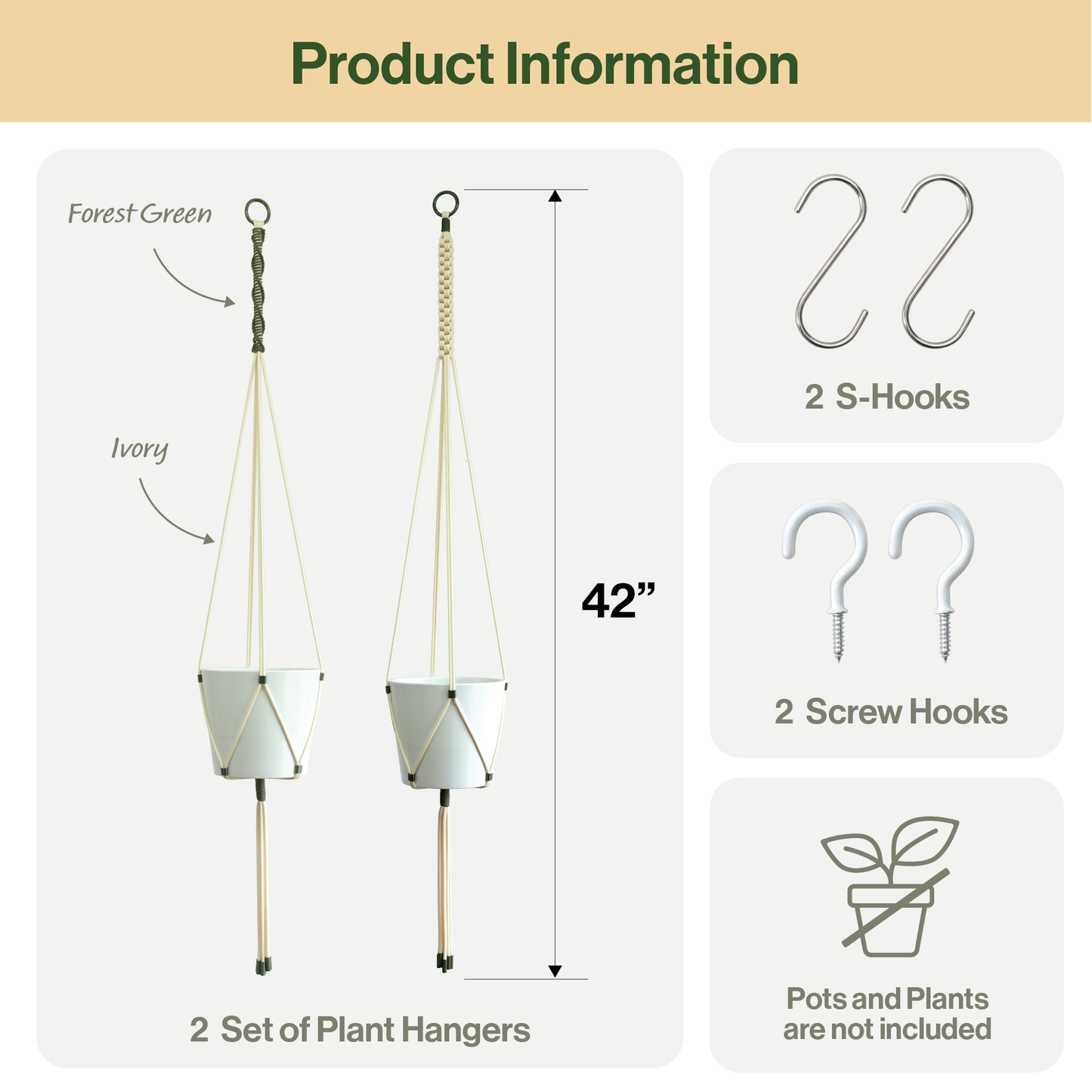 LET BE 2 Packs Macrame Plant Hanger Set of 2 with 4 Hooks (Ivory & Forest Green)