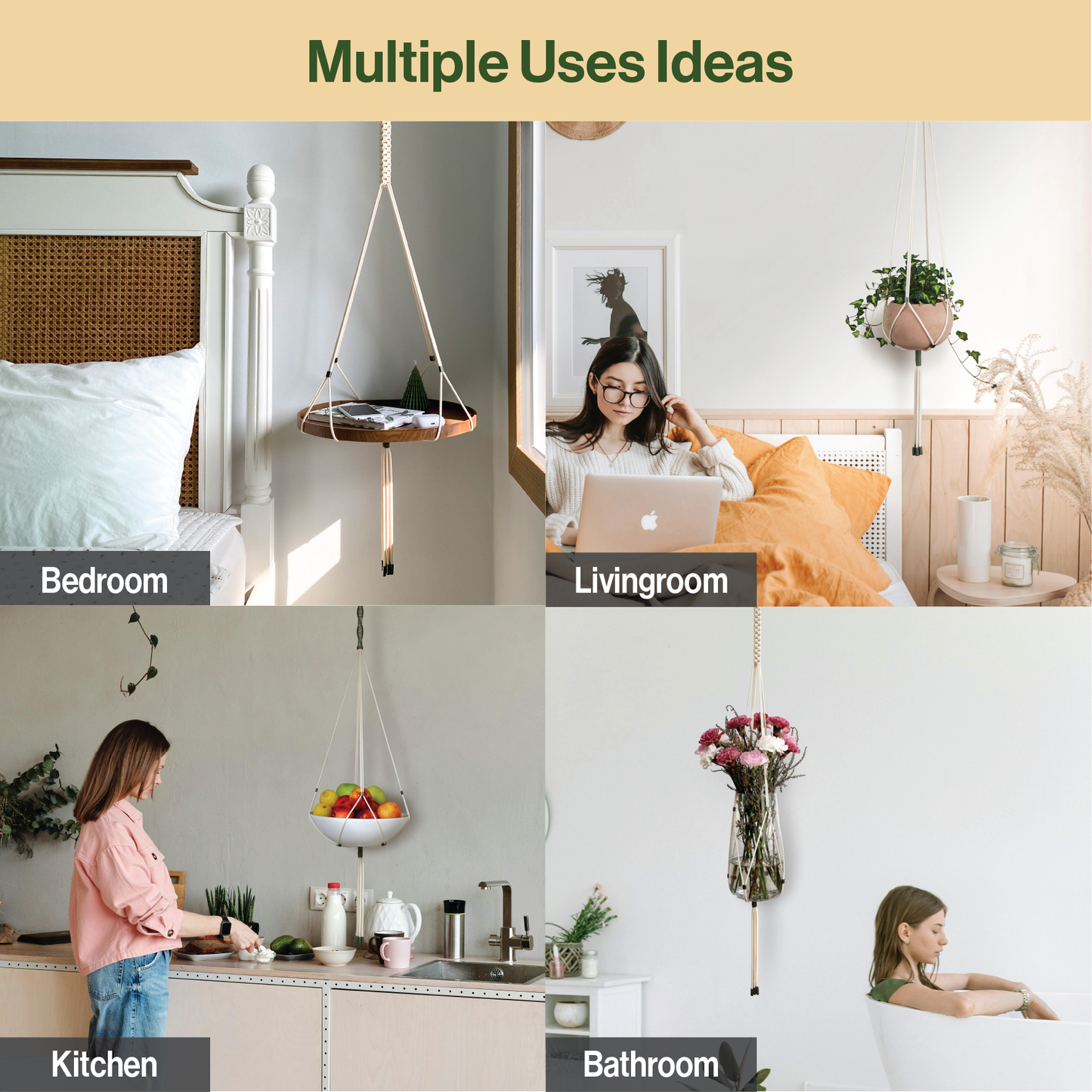 LET BE 2 Packs Macrame Plant Hanger Set of 2 with 4 Hooks (Ivory & Forest Green)