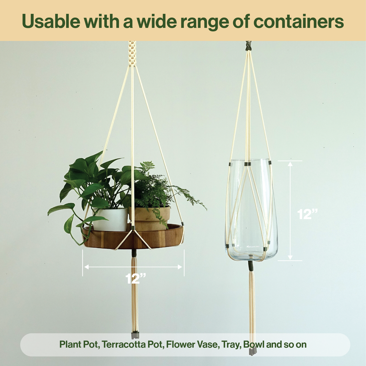 LET BE 2 Packs Macrame Plant Hanger Set of 2 with 4 Hooks (Ivory & Forest Green)