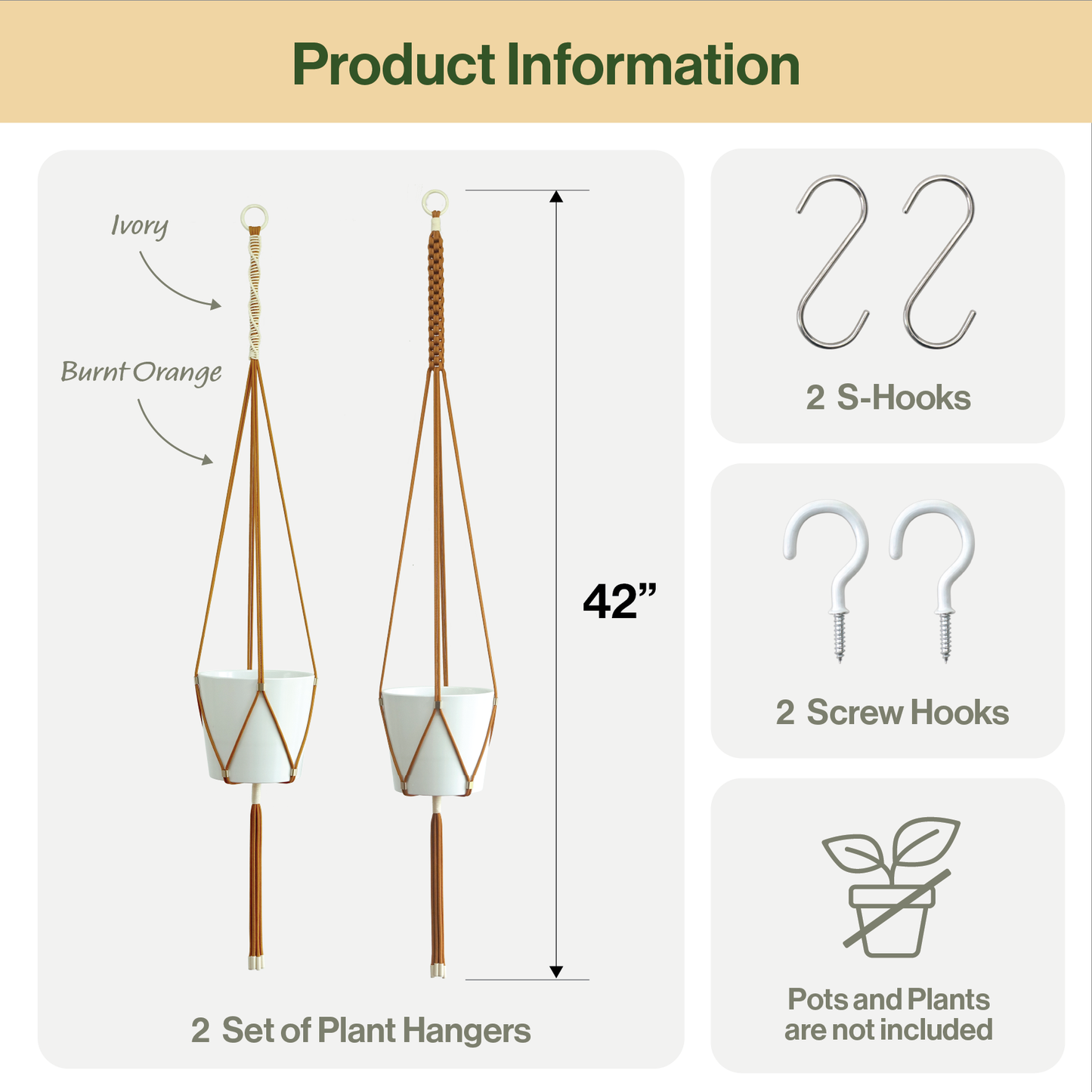 LET BE 2 Packs Macrame Plant Hanger Set of 2 with 4 Hooks (Burnt Orange/ Ivory)