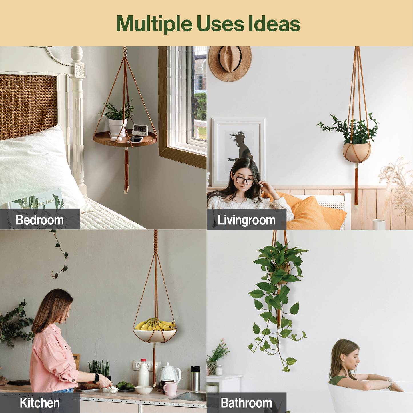 LET BE 2 Packs Macrame Plant Hanger Set of 2 with 4 Hooks (Burnt Orange/ Ivory)