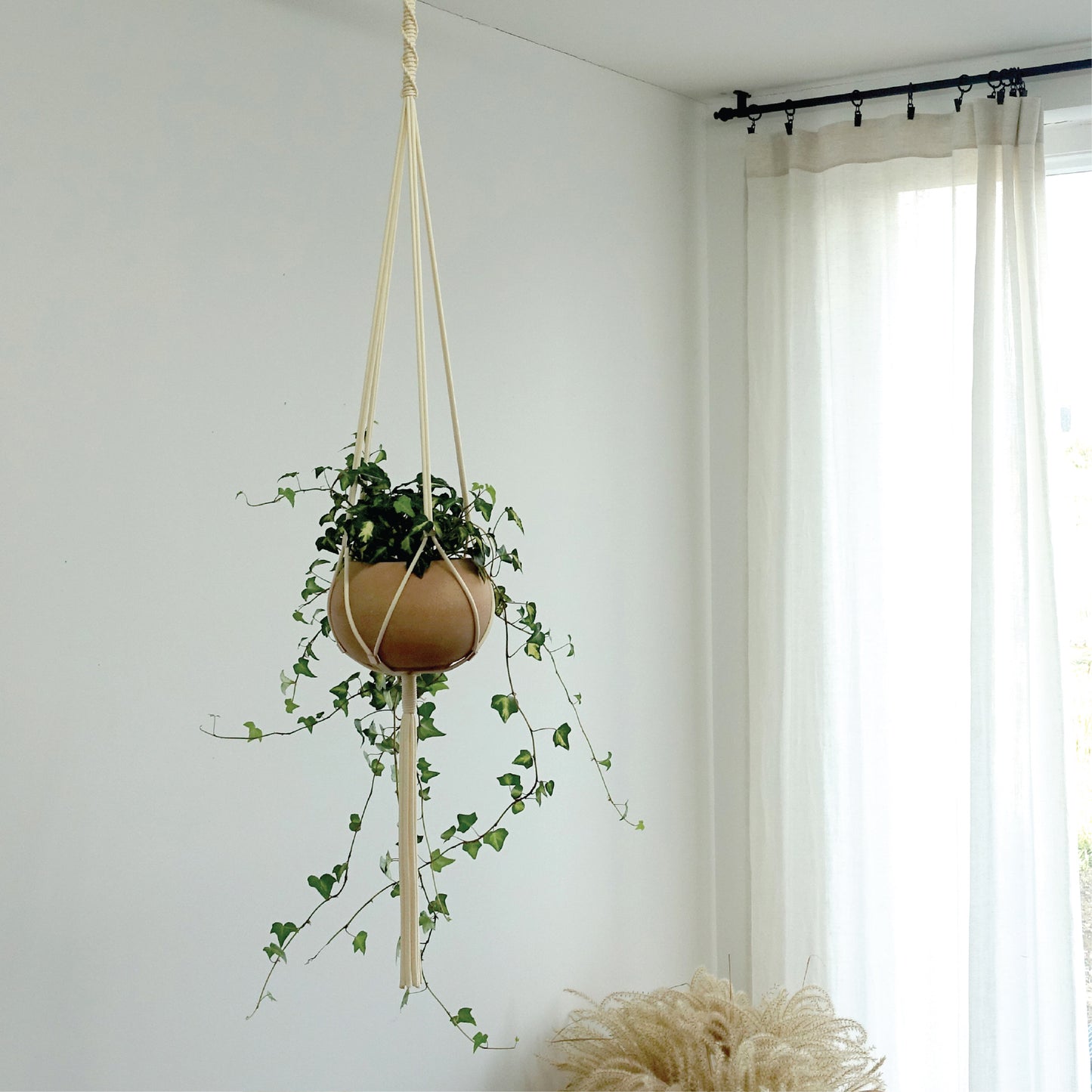 LET BE Macrame Plant Hanger Set of 1 with Screw Hook(Ivory*Light Gold)