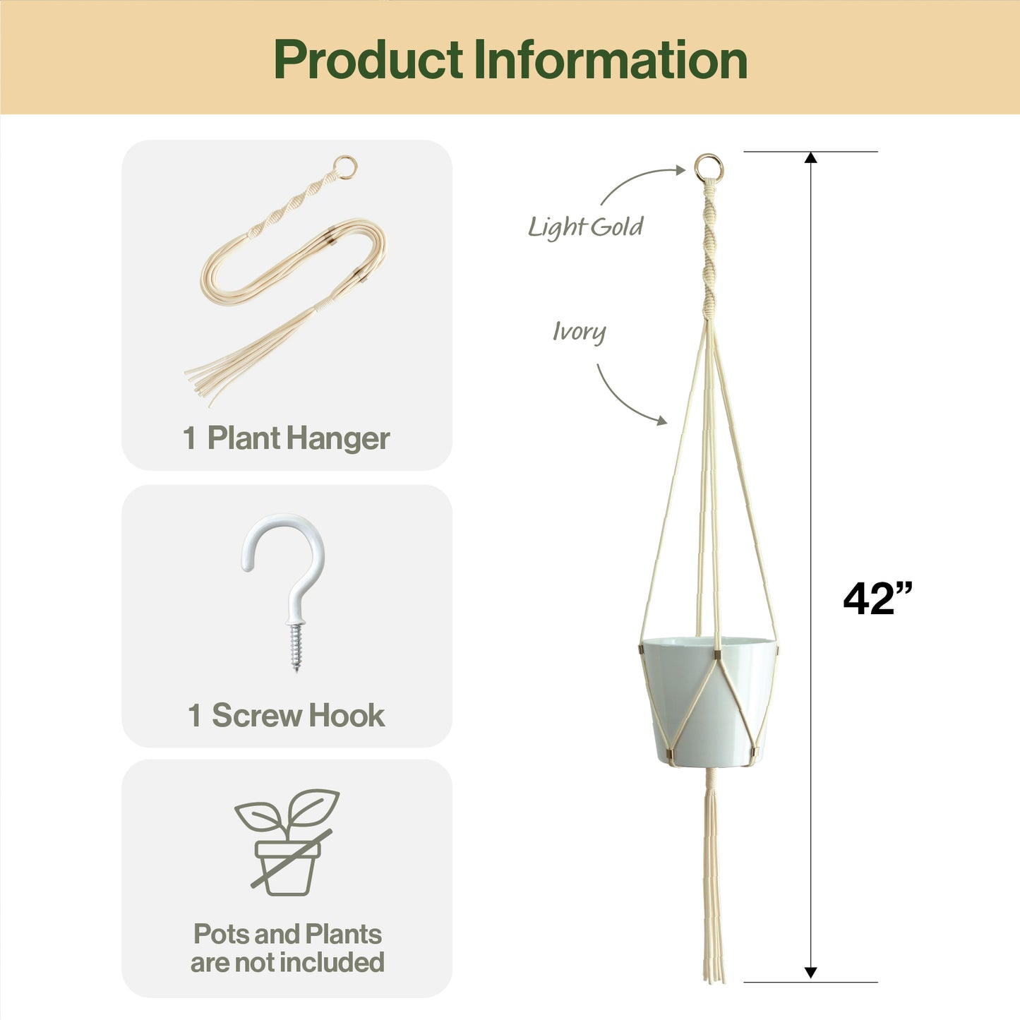LET BE Macrame Plant Hanger Set of 1 with Screw Hook(Ivory*Light Gold)