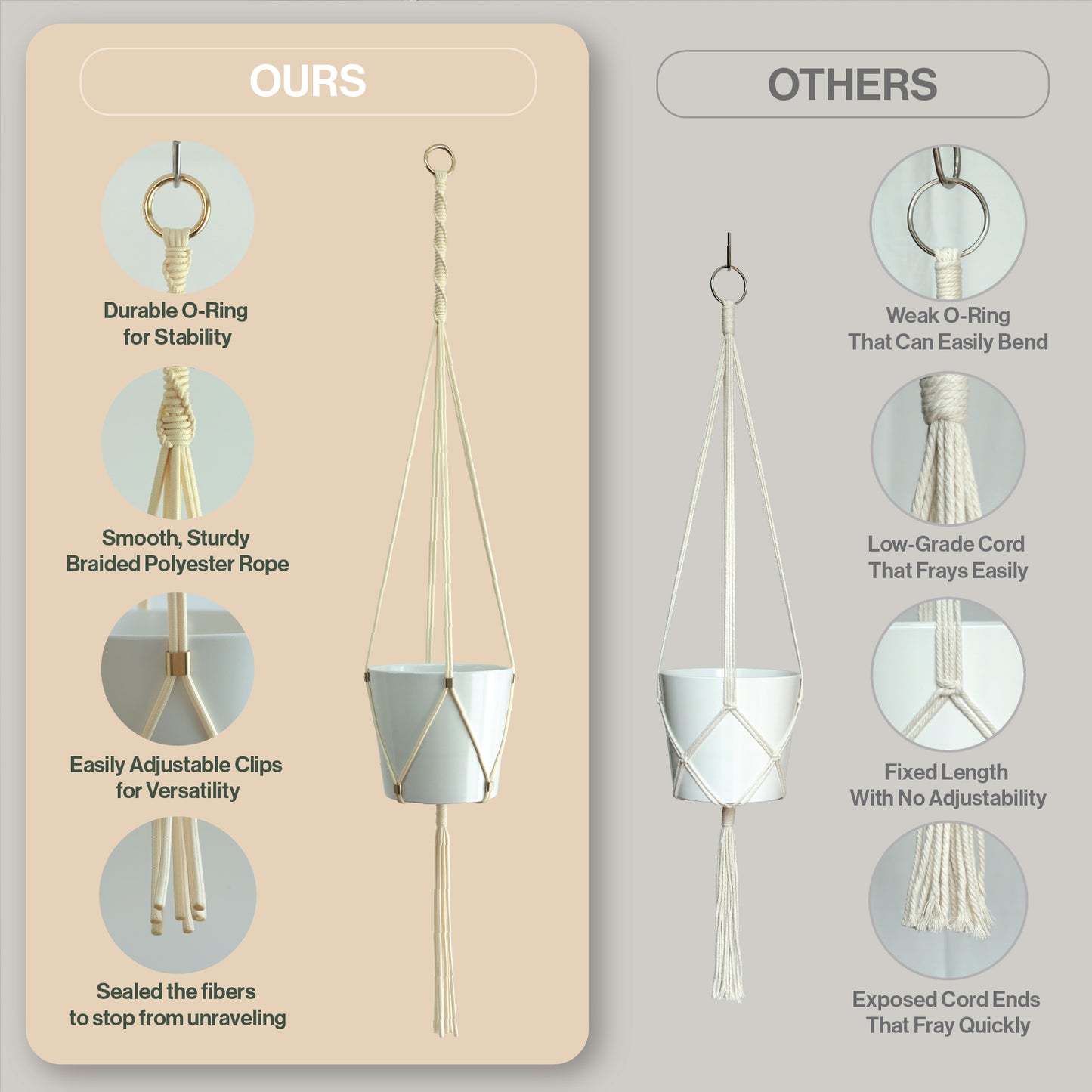 LET BE Macrame Plant Hanger Set of 1 with Screw Hook(Ivory*Light Gold)