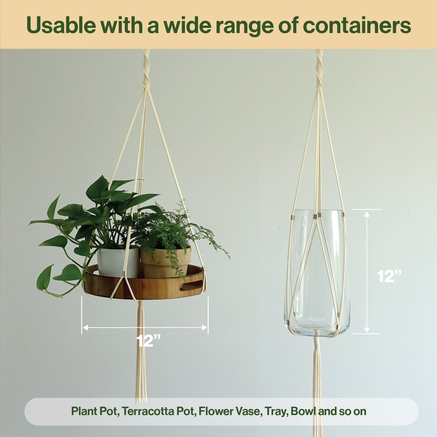 LET BE Macrame Plant Hanger Set of 1 with Screw Hook(Ivory*Light Gold)