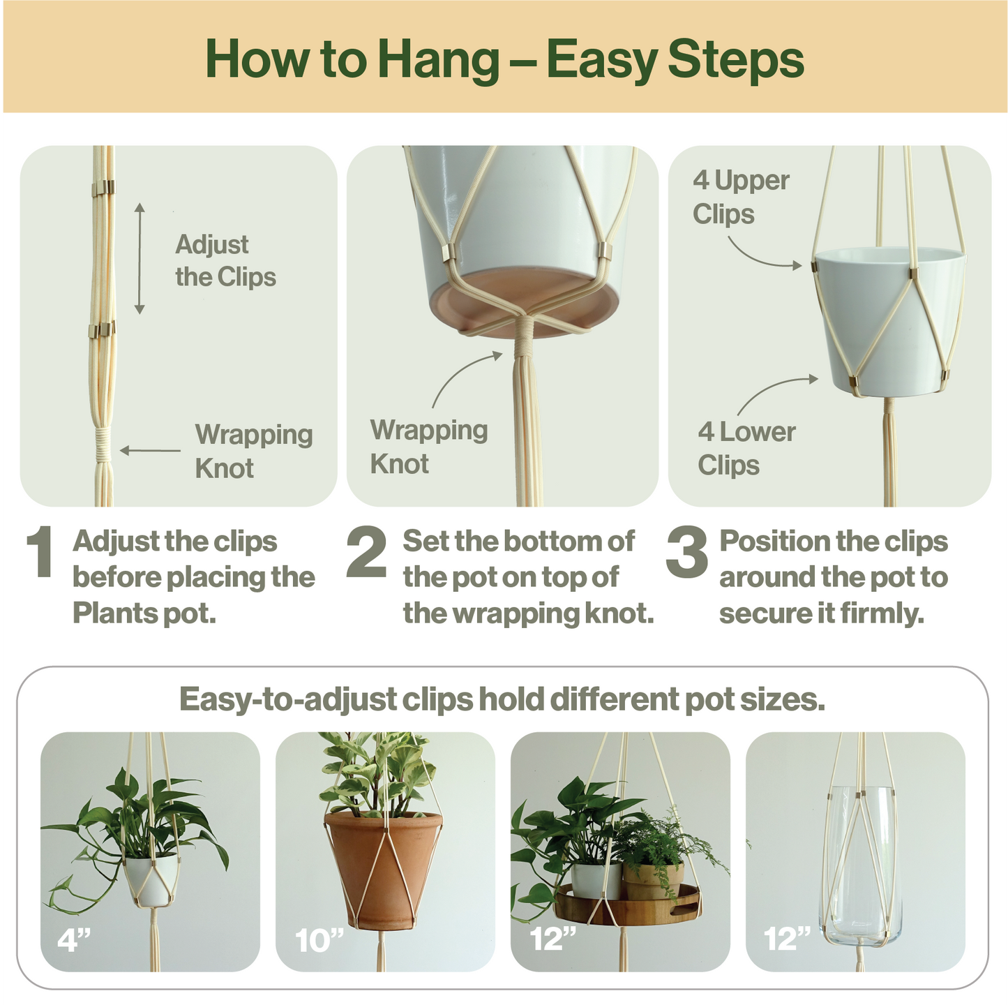 LET BE Macrame Plant Hanger Set of 1 with Screw Hook(Ivory*Light Gold)