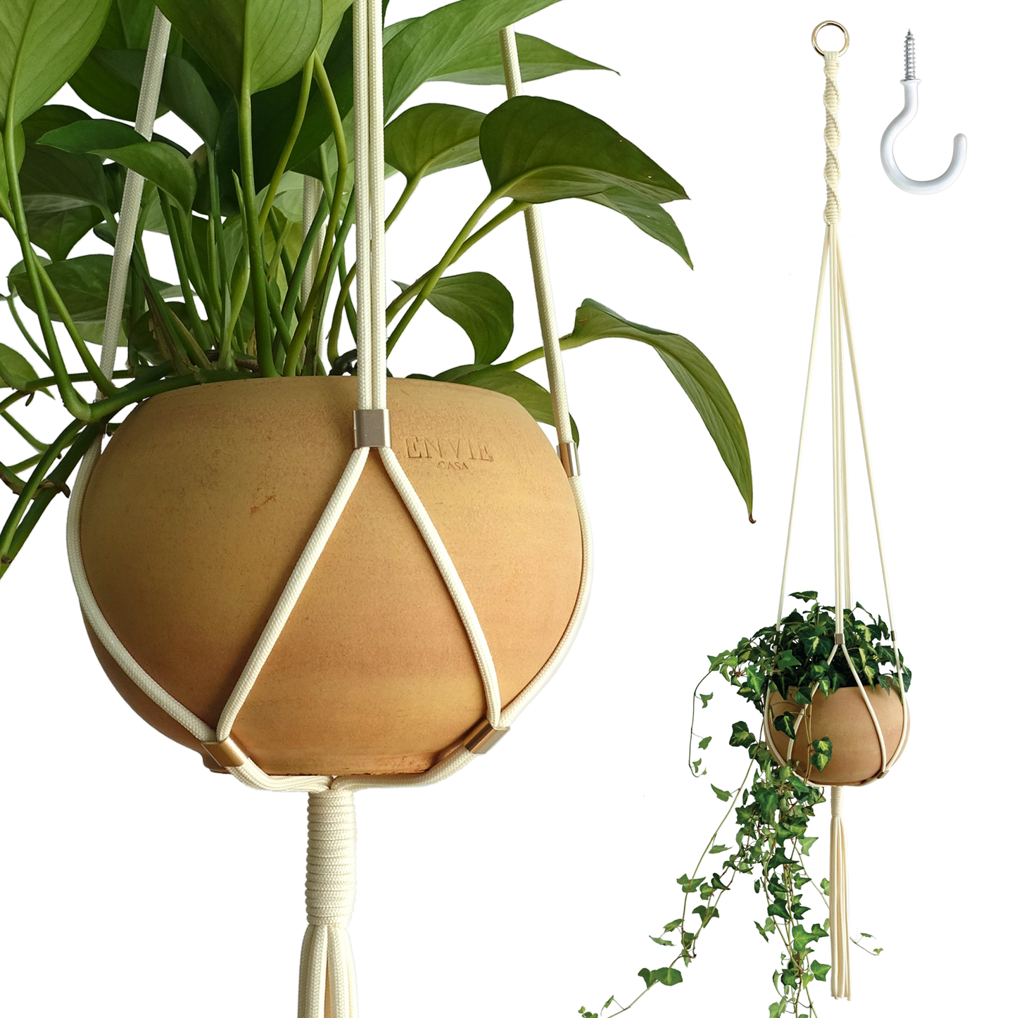 LET BE Macrame Plant Hanger Set of 1 with Screw Hook(Ivory*Light Gold)