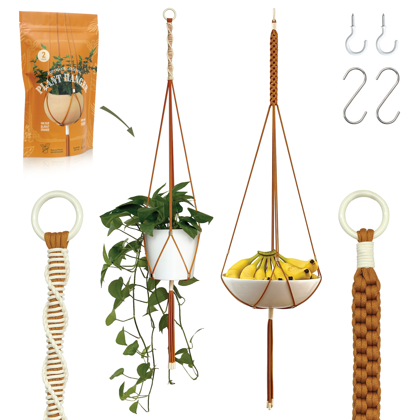 LET BE 2 Packs Macrame Plant Hanger Set of 2 with 4 Hooks (Burnt Orange/ Ivory)