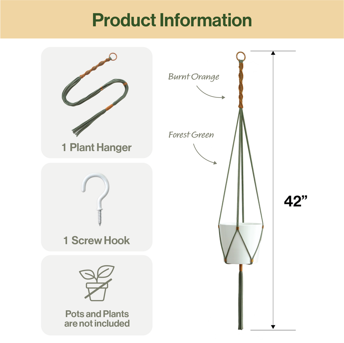 LET BE Macrame Plant Hanger set of 1 with Screw Hook(Forest Green* Burnt Orange)