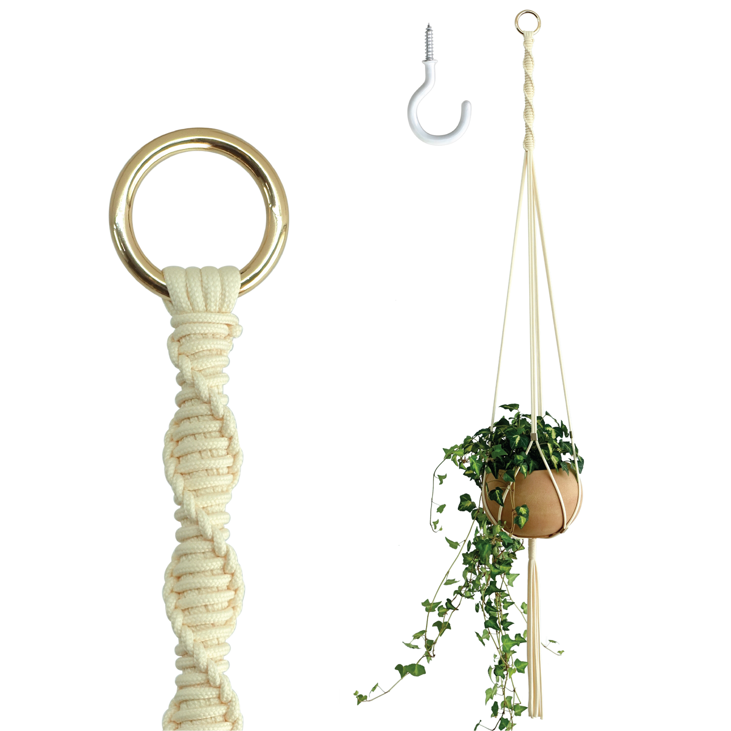 LET BE Macrame Plant Hanger Set of 1 with Screw Hook(Ivory*Light Gold)