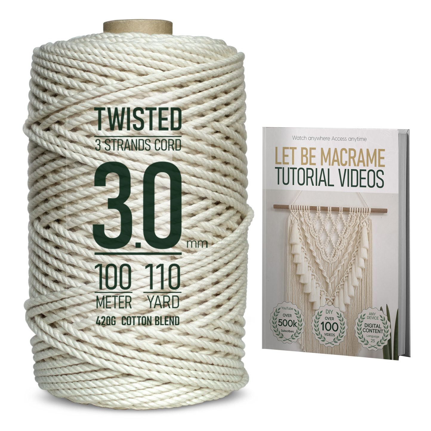 LET BE Macrame Cord 3mm x 110Yards – 3 Strands Twisted Cord