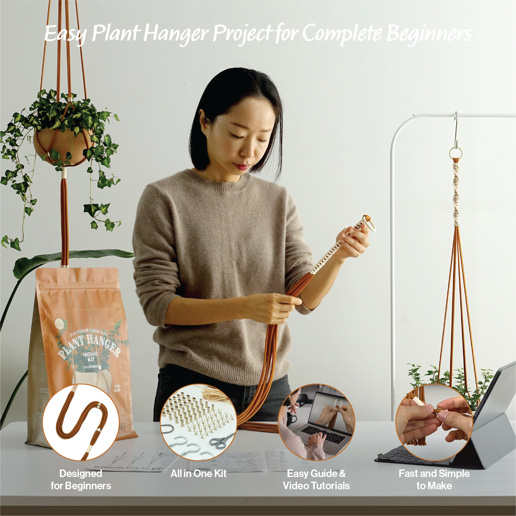 macrame plant hanger kit for beginners LET BE Macrame Kits for Beginners 3 Set of Plant Hangers DIY Kit(Burnt Orange*Ivory)
